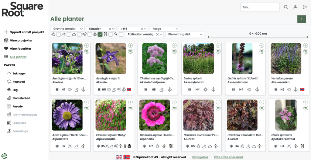 Illustrasjon av SquareRoot Plants - planleggingsverktøy særlig tilpasset landskapsplanleggere