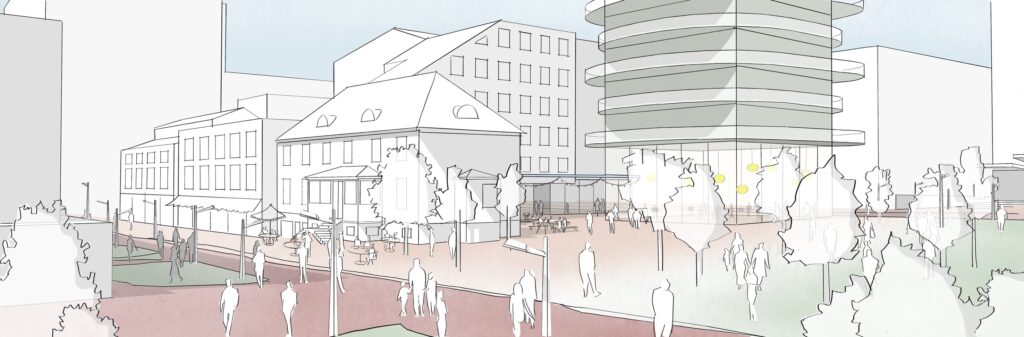 Hotellkvartalet i Ski med høye bærekraft ambisjoner. Illustrasjon Agave Studie.