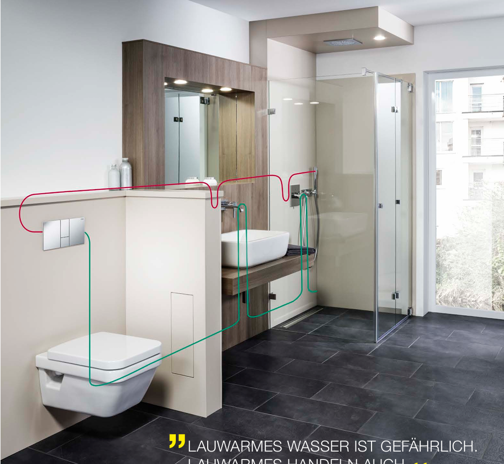 Viega. Bad med tysk rør metode for vannsikkerhet og forhindre varmesmitte