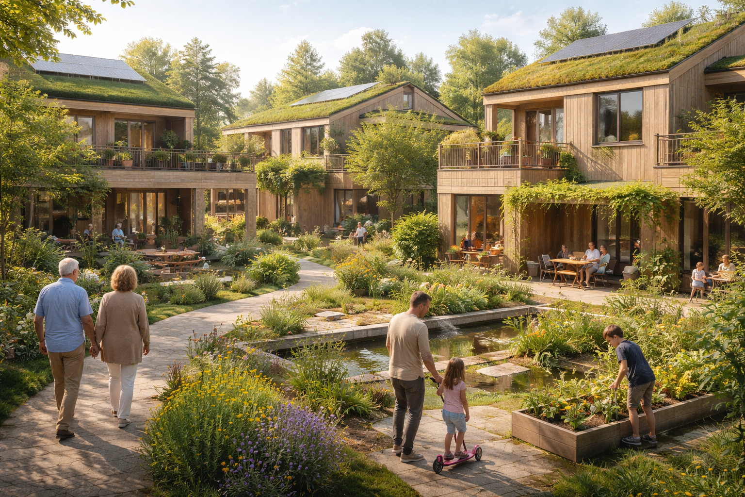 Bærekraftig arkitektur med tett-lav bebyggelse og grønne uterom